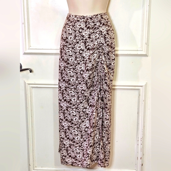 American Eagle Brown & White Floral Ruched Front Split Maxi Skirt, XXL - Picture 1 of 15